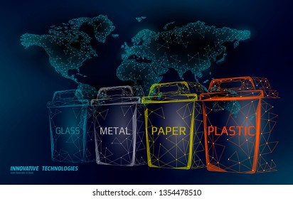 Low poly waste separation world map concept. Garbage recycle plastic aluminium paper glass container bin. Polygonal ecological save planet campaign. Urban trash banner vector illustration