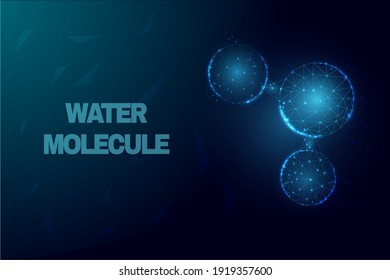 Low poly water molecule Futuristic modern abstract background. Science, biotechnology, chemistry,  medical concept. Isolated on dark blue background. Vector illustration.