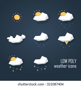 Low poly weather icons set. Collection of 3d polygonal symbols for forecast. Eps10 vector illustration.