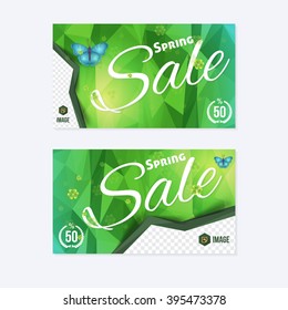 Low Poly Website Banner, Horizontal Header Design, Spring Season Sale Discount, Background Template
