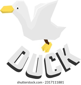 Low poly white duck flying. Polygonal duck