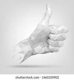 Low poly white hand gesture, thumbs up, like, good