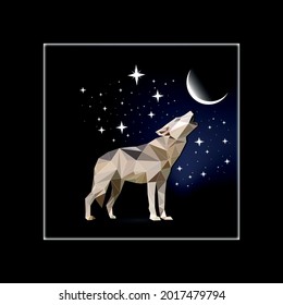 Low-Poly-weißer Wolf in der Nacht. Weltraumhintergrund. Mond und Sterne. Der Wolf heult am Mond. Vektorgrafik.