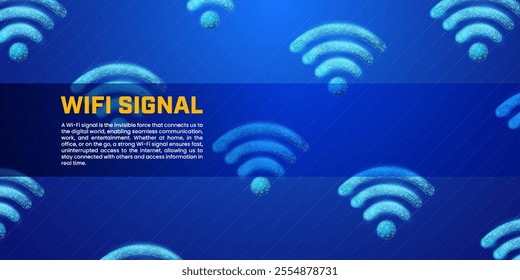 Low poly wifi sign pattern, glowing blue wireframe wifi symbol suitable for illustrations of connectivity, wireless, internet, cloud data, and presentations about networks.