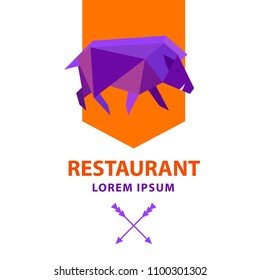 Low poly wild boar. Polygonal geometric style pig sign. Modern bright colored triangle image hog in design for cover card,  banner, badge, emblem. Template logo for food restaurant business. 
