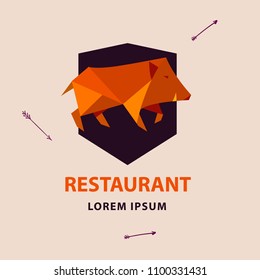 Low poly wild boar. Polygonal geometric style pig sign. Modern bright colored triangle image hog in design for cover card,  banner, badge, emblem. Template logo for food restaurant business. 