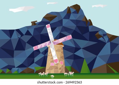 low poly of wind mill with mountain view behind
