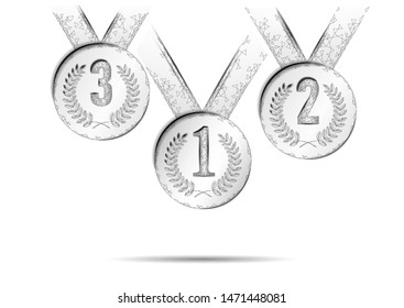 Low poly winner medal on ribbon. Contest leader first place ceremony trophy. Team success business concept. Win champion competition prize polygonal vector illustration.