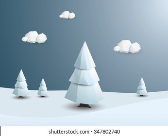 Low Poly Winter Landscape Vector Background. 3d Polygonal White Trees With Snow. Christmas Wallpaper. Eps10 Vector Illustration.