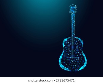 Guitarra acústica de baixo poli wireframe no fundo azul escuro.