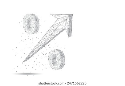 Niedriger Poly-Wireframe-Pfeil wächst prozentual. Abstrakter 3D-Wachstumspfeil nach oben und prozentualer Anteil an polygonalen Symbolen und Investitionen steigen. Business-Rabatt-Konzept des weißen Hintergrunds