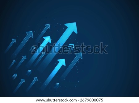 Low poly wireframe arrow-up growth illustration, futuristic glowing blue arrows pointing upward on a dark background. concept of growth, development, progress, success, and forward.