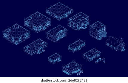 A low poly wireframe blueprint of a building on a blue background, showcasing detailed architectural elements and structural design. The clean lines and geometric shapes highlight modern.