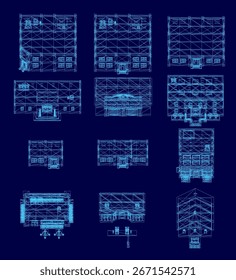 Un plano de estructura de alambre de polietileno bajo de un edificio sobre un fondo azul, que muestra Elementos arquitectónicos detallados y diseño estructural. Las líneas limpias y las Formas geométricas resaltan lo moderno.