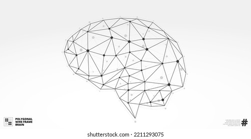 Low Poly Wireframe Brain Or Artificial Intelligence Concept, Symbol Of Intelligence, Mental Health And Wisdom. Abstract Vector Image Of A Human Brain. Low Polygonal, Black And White Color