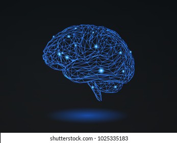 Low poly wireframe brain with connection dots glowing on black background