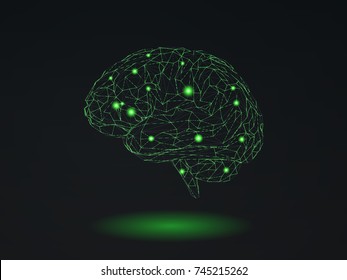 Low poly wireframe brain with green connection dots glowing line on black background
