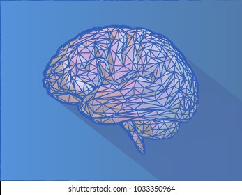 Low poly wireframe brain illustration with crayon pastel drawing style on blue background