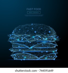 Low Poly wireframe Burger. Fast food concept. Vector hamburger mesh spheres from flying debris. Thin line concept. Blue structure style illustration. Cheeseburger polygonal image