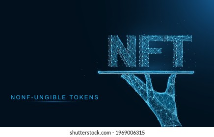 Low poly wireframe of Business holding tablet and NFT nonfungible tokens concept on dark blue background in form of line, dot, and low polygon. Concept of growth planning and strategy.