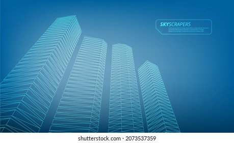 Low Poly Wireframe City Of Skyscrapers. Modern Office Buildings In The Financial District. EPS10 Vector