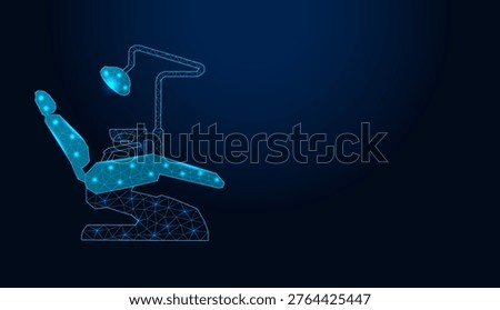 Low poly wireframe dental chair on dark blue background.