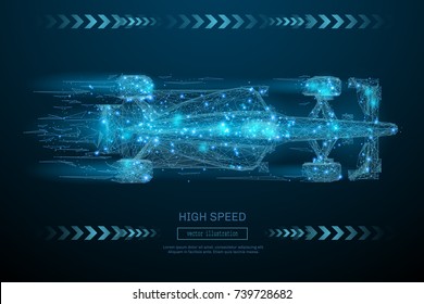Low Poly wireframe F1 bolid car. High Speed concept. Vector bolide mesh spheres from flying debris. Thin line concept. Blue structure style illustration. Sport polygonal image