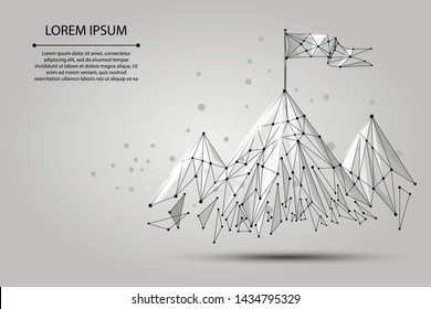 Bandera de armazón de polietileno bajo en la cima de la montaña. Éxito en los negocios, en la parte superior o en el símbolo de objetivo. Iluminación vectorial