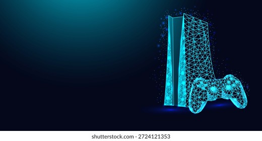 Low poly wireframe game console and controller on dark blue background.