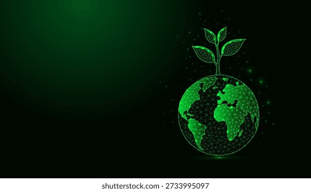 Planeta tierra verde de estructura de alambre de polietileno bajo con un brote sobre fondo oscuro.