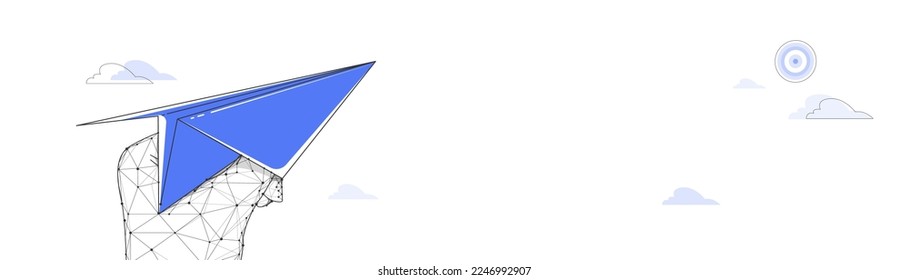 Low poly wireframe Hand holding Paper Airplane shoot target. Concept of success. Vector illustration
