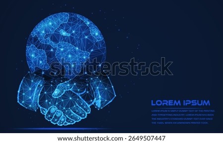 Low poly wireframe handshake with Earth International deal, global business.polygonal Diversity, globalization, and collaboration. Futuristic International business relationships