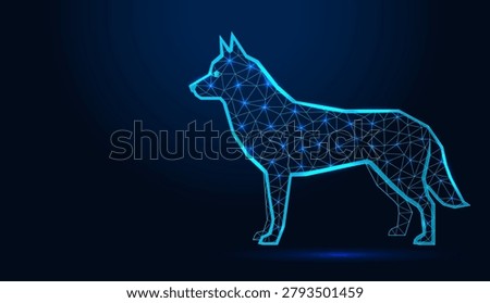 Low poly wireframe husky dog standing profile on dark blue background.