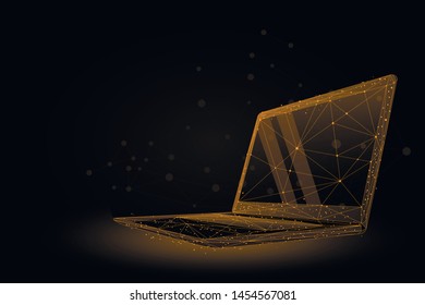 Low poly wireframe Laptop. Plexus lines and points vector illustration