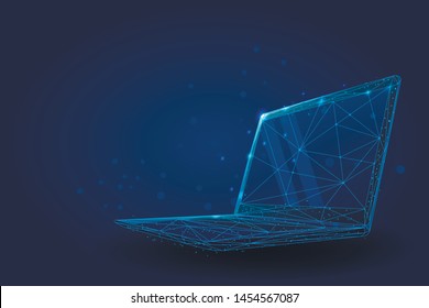 Low poly wireframe Laptop. Plexus lines and points vector illustration