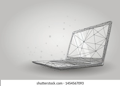 Low Poly Wireframe Laptop. Plexus Lines And Points Vector Illustration