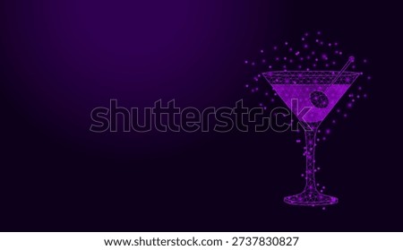 Low poly wireframe martini cocktail glass with olive on dark purple background.