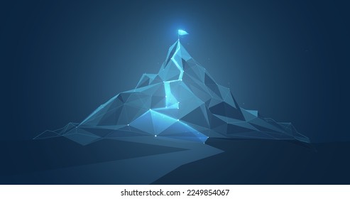Low poly wireframe Mountain. Mountain climbing route to peak. Concept of success. Vector illustration