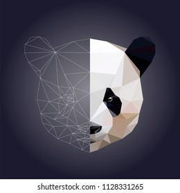 Low poly and wireframe panda face on white background, vector illustration EPS 10 isolated.  Polygonal style trendy modern logo design. Suitable for printing on a t-shirt or sweatshirt, shirt design.