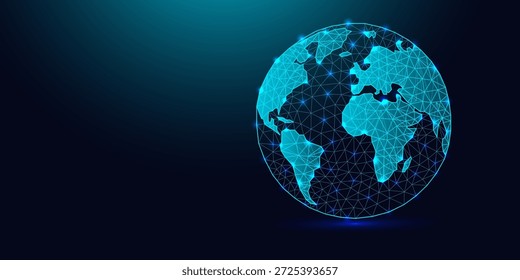 Low-Poly-Drahtmodell Planet Erde auf dunkelblauem Hintergrund.