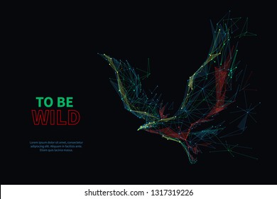 Low poly wireframe raven in a flight. Wild nature. Outline vector abstract illustration. Colorful isolated bird on black background.