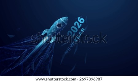 Low poly wireframe rocket flying with "2026 New Year" text. Futuristic banner for new year's goals, technology, and success. vector eps10