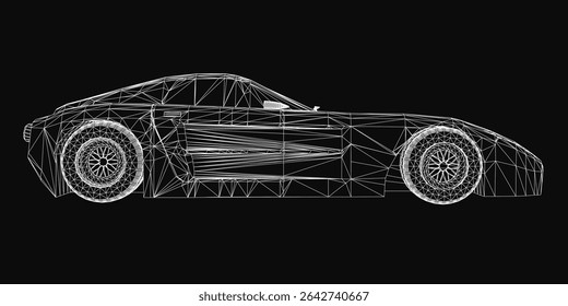 Low poly wireframe sports car with intricate geometric design, composed of interconnected lines and shapes on a sleek black background. The futuristic aesthetic highlights the vehicle's dynamic.