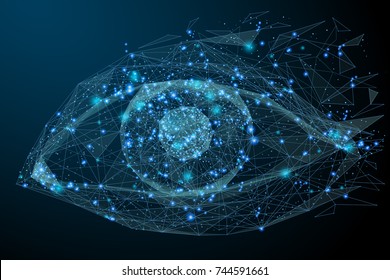 Olho de tecnologia wireframe baixo Poly. Conceito futurista. Esferas de malha de olho vetorial de detritos voadores. Conceito de linha fina. Ilustração em estilo de estrutura azul. Imagem poligonal Scince