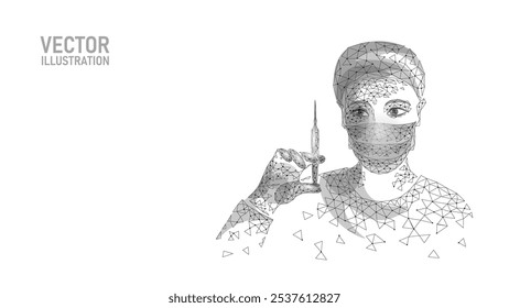  Mujer baja de polietileno con jeringa médica. Procedimiento de tratamiento de inyecciones faciales rejuvenecedoras poligonales. Ilustración vectorial de Plantilla del Anuncio de vacunación de medicamentos