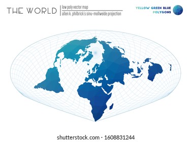 Low poly world map. Allen K. Philbrick's Sinu-Mollweide projection of the world. Yellow Green Blue colored polygons. Elegant vector illustration.