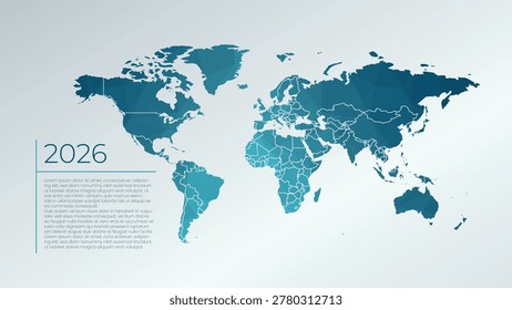 Low poly World Map with country borders. 2026 year sample text. Vector for business, web design, page, cover, global presentation, report, media