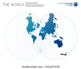 Low poly world map. Eisenlohr conformal projection of the world. Yellow, Green, Blue colored polygons. Neat vector illustration.