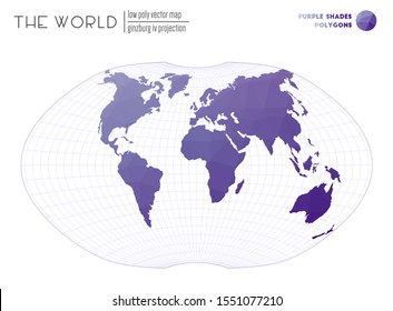 Low poly world map. Ginzburg IV projection of the world. Purple Shades colored polygons. Neat vector illustration.