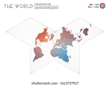 Low poly world map. Gnomonic butterfly projection of the world. Red and blue colored polygons. Elegant vector illustration.